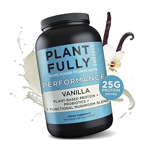 Plantfully Systems - Performance Vanilla Vegan Protein Powder, With 25G Plant Protein, 7 Mushroom Complex, & Probiotics, Low Carb Protein Mix, Gluten-Free Vanilla Powder, Soy-Free, 967.5G #TOP7