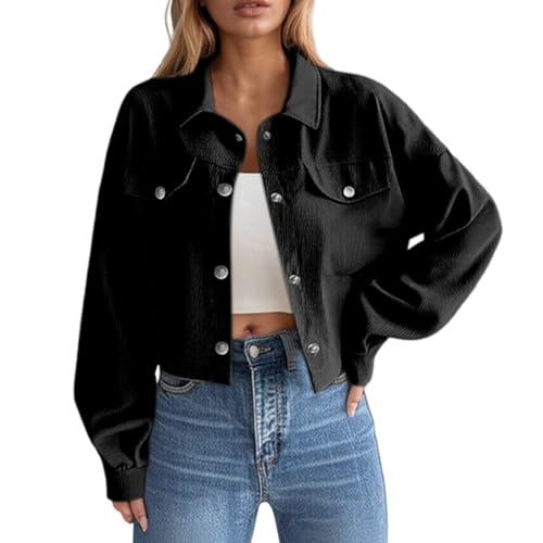 Image of Eauptffy Corduroy Jacket Women's Short Shirt Jacket Lapel Button-Down Corduroy Shirt Lightweight Short Jacket Plain Casual Jacket with Pocket Summer Spring Autumn Outwear Vintage Coat, O Black, M