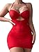 Foxiny Sexy Chain Sheer Mesh Ruched Bodycon Mini Lingerie Dress with Thong 2 Piece Set Outfits Women See Through Halter Night Gown Negligee Bright Red X-Large
