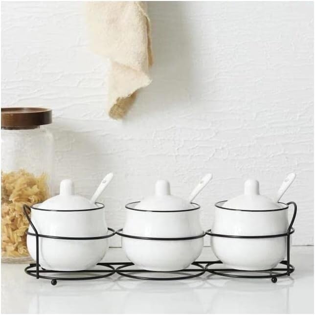 Pots d'assaisonnement, boîte à épices, boîte d'assaisonnement en céramique, ensemble de réservoirs de sel et de poivre, cruet, pots à condiments, support en fer, cuillère, condiments, stockage de sucr