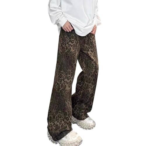 Mens Leopard Print Baggy Jeans Y2K Grunge Vintage Cheetah Pants Straight Legs Hip Hop Jeans