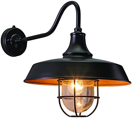 VAXCEL Dorado 16.75 in. H 1-Light Dark Bronze and Light Gold Dusk to Dawn Sensor Farmhouse Outdoor Wall Sconce, Gooseneck Clear Glass and Metal Cage Shade for Exterior Porch Patio Front Door or Garage