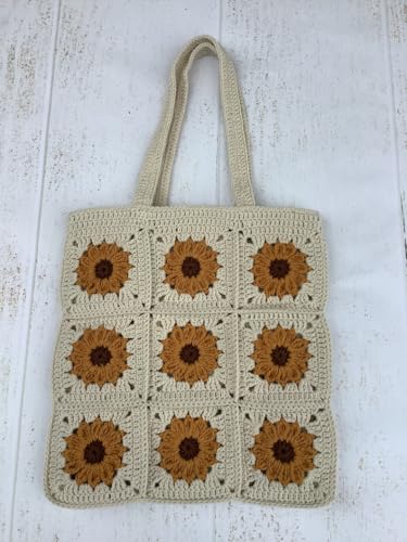 Image of ZZARA Women's Stylish Cotton Hand-Crochet Spacious Tote Bag, Handmade Knitting Shoulder Bag, Vintage Style Bohemian Shopping Bag