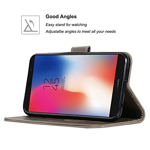 Sidande Case For Huawei Y6 Prime 2018/Y6 2018/Honor 7A/Enjoy 8E Wallet Case With Card Holder, [Wrist Strap] Owl Premium Pu Leather Flip Phone Case Cover For Huawei Y6 2018 (Grey) #TOP3