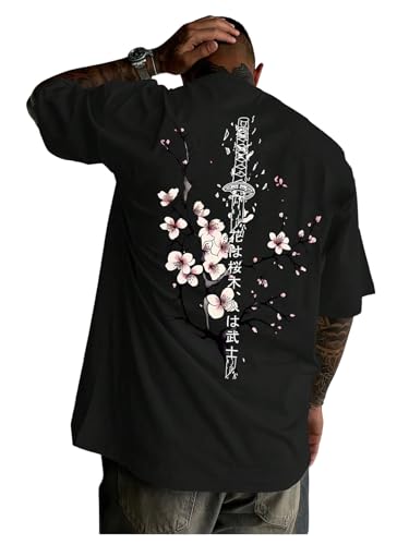 WDIRARA Men's Japanese Letter Graphic T-Shirt Crew Neck Short Sleeve Tee Tops Black Medium