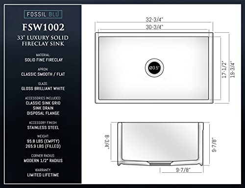 Fsw1002 Luxury 33-Inch Solid Fireclay Farmhouse Sink In White, Stainless Steel Accs, Flat Front #TOP5