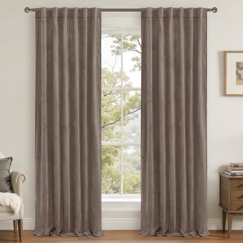 LAMIT Velvet Curtains 90 Inches Long for Living Room, 2 Panels, Truffle