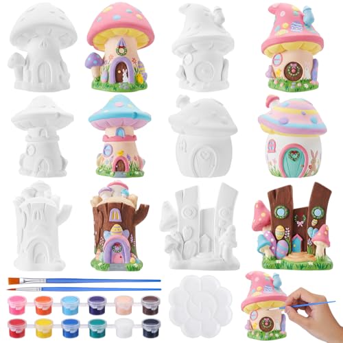 Acellegic 6 Pcs Ceramics Fairy House to Paint Ready to Paint Your Own Fairy Garden Mushroom Statue DIY White Ceramic Mushroom Houses for Yard Decor Summer Spring Painting Art