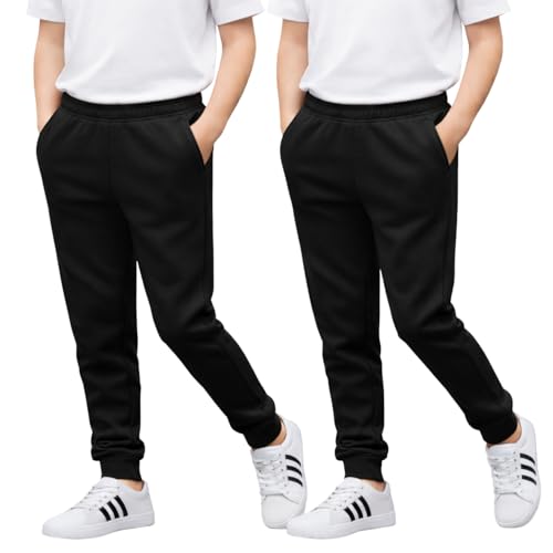 Joggers for Boys & Girls Jogging Bottoms with Elastic Waistband & Cuffed Ankle PE & School Trousers for Kids Comfortable & Breathable Unisex Tracksuit Sweatpants Black 2 Pack(9-10 Years)