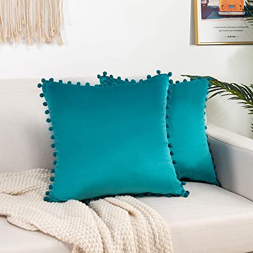 Amazon Brand - Umi Velvet Pompom Cushion Cover 16x16 Inch - Set of 2 Large Square Throw Pillow Covers for Sofa Living Room or Home Decor in Teal Color