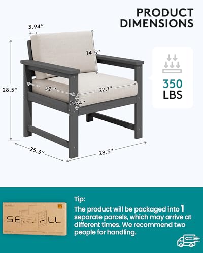 Image of SERWALL 2 Pieces Single Cushioned Sofa Chair, Grey HDPE Outdoor Adirondack Lounge Armchair with Khaki Cushion