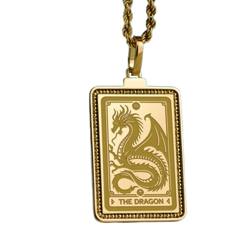 Collier pendentif dragon gravé argent 925 or, chaîne 18 pouces, bijou mixte fait main