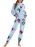 Minetom Pyjama Damen Weihnachten Einteiler Jumpsuit Onesie Schlafoveralls Mit Kapuze Kuscheliges Schlafanzug Kuschelig Langarm Strampler Mit Reißverschluss Für Frauen Mädchen A Blau S