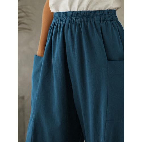 Women's Linen Pants with Deep Pockets Casual Elastic High Waist Wide Leg Trousers Plus Size Beach Pants S-5XL4