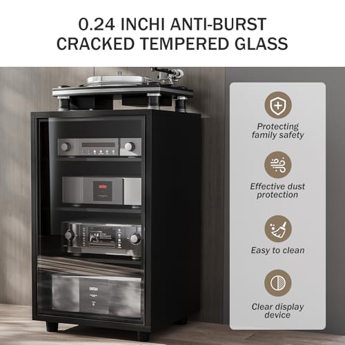 Grufle Media Storage Cabinet, Audio Video Media Stand Cabine with 3 Height-Adjustable Shelves, AV Cabinet Audio Rack with Glass Door and Cable Management for Living, Gaming, Recording Room (Black)
