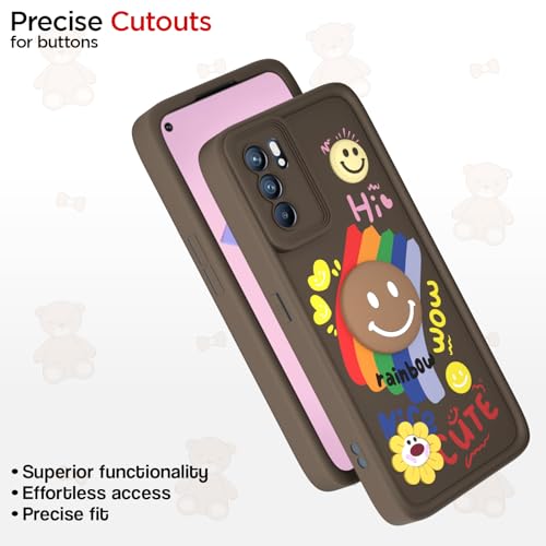 Image of Pikkme Back Cover for Oppo Reno 6 5G | Soft Silicone| Cute Rainbow Smile & 3D Cartoon Flower Design | Shockproof Raised Camera Protection Bumper Case (Brown)