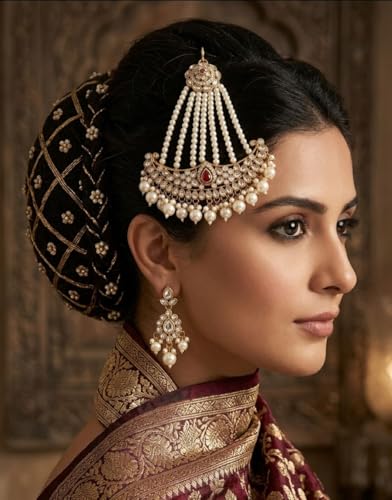 Image of Gold-Plated Head Passa Jewelry For Women Kundan Pearl Studded & Beaded Passa /Matha Patti Jhoomar Jewellery for Women & Girls