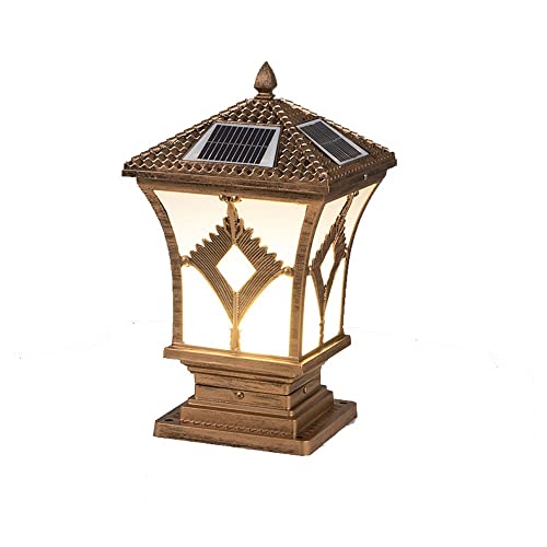 Farol solar impermeable de bronce IP65 estilo retro europeo esmerilado acrílico esmerilado pantalla batería de alta capacidad luces al aire libre para pilares y entradas