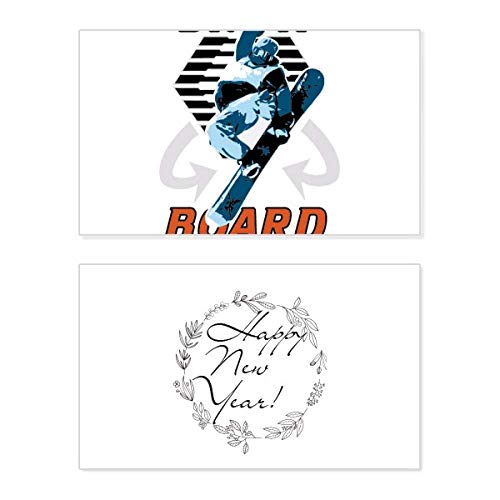 Tarjeta de felicitación de año nuevo con ilustración de snowboard y texto en inglés