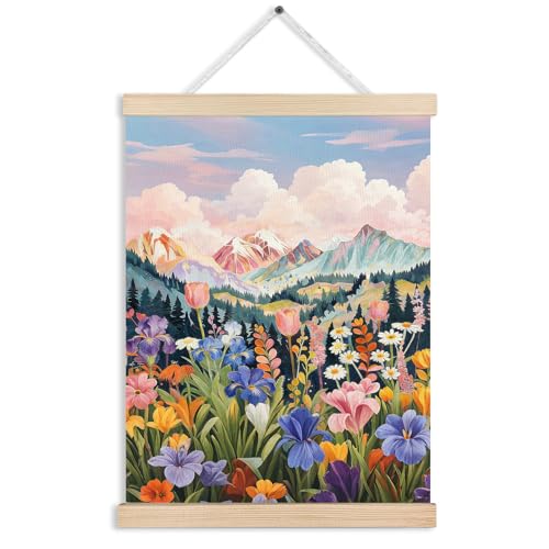 gsgfdshf Maximalist Colorful Floral Mountain Wall Art Poster Framed, Eclectic Vibrant Wildflower Landscape Hanging Wall Decor for Home Bedroom Living Room, 12x16 Inches