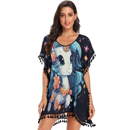 Unicorn Cute Space Stars Women's Beach Cover Up Chiffon Tassel Swimwear Swimsuit Coverups for Girl