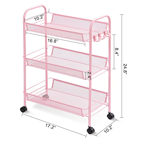 Toolf 3-Tier Metal Rolling Cart, Mesh Wire Easy Assemble Utility Cart, Storage Trolley On Wheels With Hooks, Tiered Storage Shelving Organizer For Kitchen Bathroom Laundry Room #TOP5