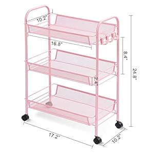 TOOLF 3-Tier Metal Rolling Cart, Mesh Wire Easy Assemble Utility Cart, Storage Trolley on Wheels with 3 Hooks, MetalStorage Shelving Units for Kitchen Bathroom Laundry Room TOOLF 3 Tier Metal Rolling Cart Mesh Wire Easy Assemble Utility Cart Storage Trolley on Wheels with 3 Hooks MetalStorage Shelving Units for Kitchen Bathroom Laundry Room