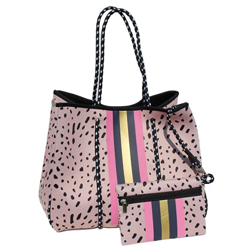 Leopard Neoprene Tote | Beach Tote, Gym Bag | Matching Zipper Pouch Included | Tan with Black Dots Design3