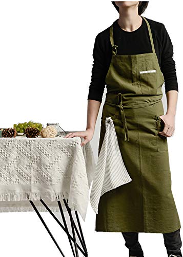 Adjustable Japan Nordic Style Soft Cotton Linen Apron With Four Pockets A Towel (Olive Green) #TOP9
