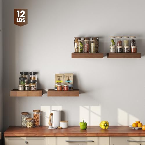 Image of Dreamland 12x12 Floating Shelves for Wall, 12 inch Deep Thicker Floating Shelves, Wall-Mounted Shelves for Bedroom, Living Room, Kitchen, Bathroom,Walnut - Set of 3