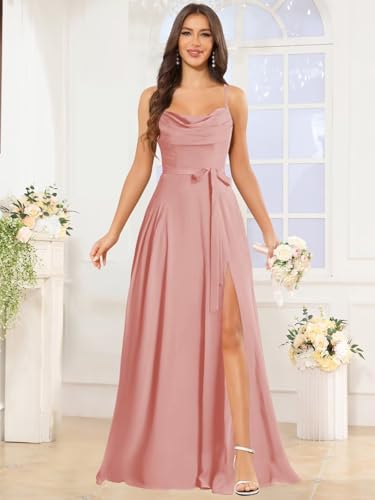 Long Chiffon Bridesmaid Dresses Spaghetti Straps Cowl Neck Pleated Formal Evening Gowns with Slit3
