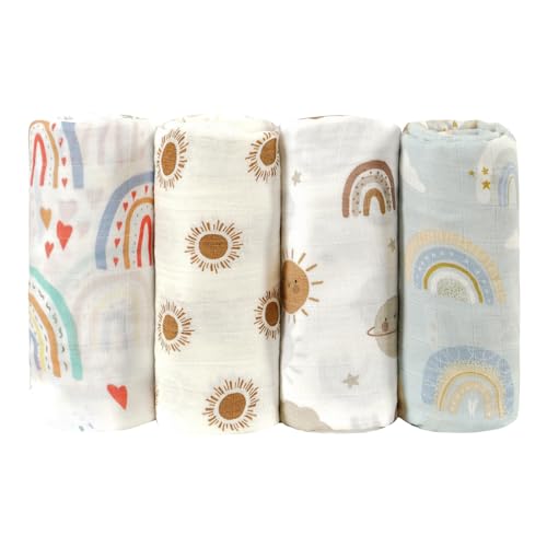 Image of 4 Set Muslin Swaddle Blankets Receiving Blanket for Newborn Baby | Boys, Girls Cute Soft Print Baby Towel Wrap 120x110cm Baby