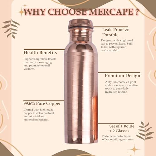 Image of Copper Water Bottle with 2 Glass | 1 Liter Leak Proof Reusable Copper Drinking Bottle | Ayurvedic Copper Bottle for Daily Hydration, Home, Office & Travel