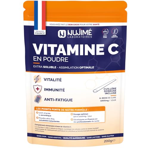 Vitamine C pure en poudre | 1 000mg par dose | Poudre ultra fine, solubilité instantanée | 100% acide L-ascorbique | Immunité, Vitalité, Anti-fatigue | Cuillère...