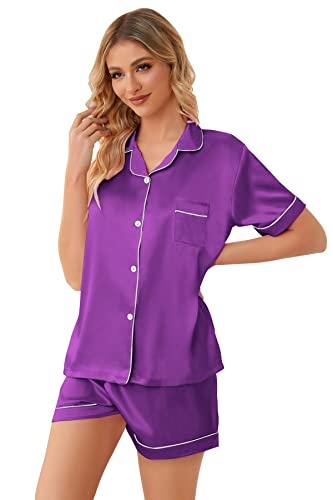 Image of Schbbbta Girls Womens Pajamas, Satin Silky Pjs Set Kids 2Pcs Button-Down Nightwear Sleepwear Gift for Mommy and me