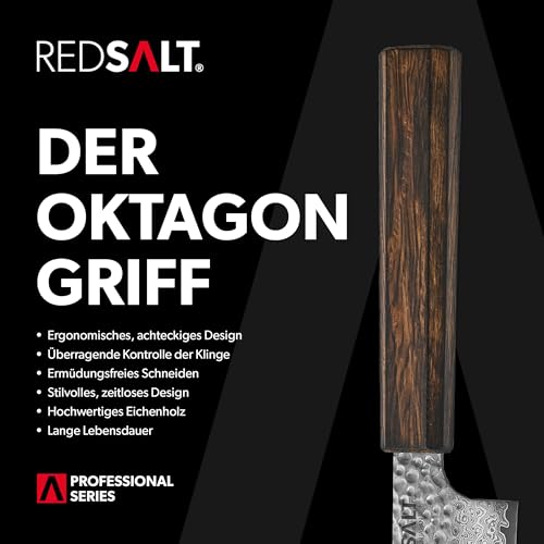 REDSALT® Professional Series GYUTO 牛刀 21cm Damaststahl 69 Lagen Chefmesser handgefertigt in Japan | Profi Kochmesser & Ledertasche | Damast Hammerschlag Klinge | Damastmesser Küchenmesser