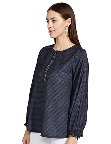 Image of RIVER Namrata Joshipura Printed Premium Designer Women's Top with Embroidered Placket and Cuff Full Sleeves RS2NJTP310A Black