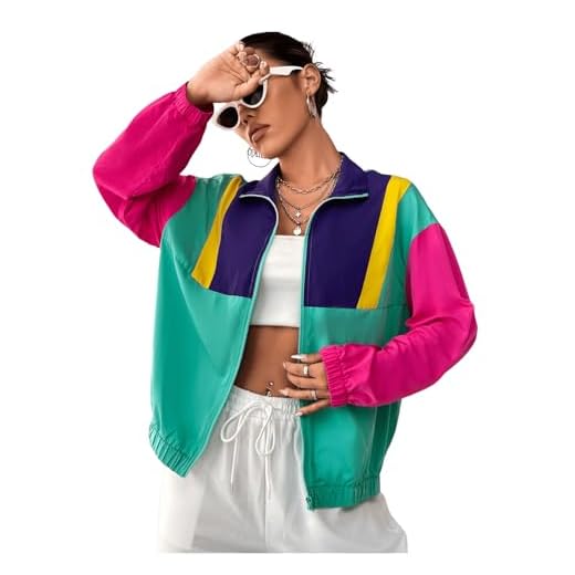 Verdusa Women's Color Block Windbreaker Jacket Zip Up Drop Shoulder Collar Outerwear Multicolor Large
