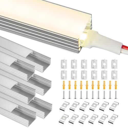 BRIMETI Perfil Aluminio Tira LED 6 Pack 1m Perfil de Aluminio para LED U Forma, Cubierta de Difusor Blanco Lechoso, Los Casquillos de Extremo y los Clips de Montaje del Metal