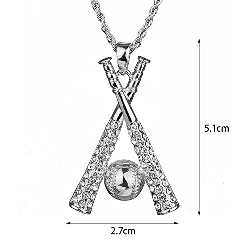 Baseball Necklace Hip Hop Baseball Pendant Baseball Bat Cross Stainless Steel Pendant Necklace Sports Jewelry Sports Necklace Rhinestone Baseball Necklace for Men and Women (Silver)2