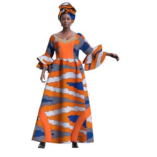 Image of iooiooi Womens African Print Party Maxi Dress Tradition Dashiki Ankara Long Dress & Headwrap
