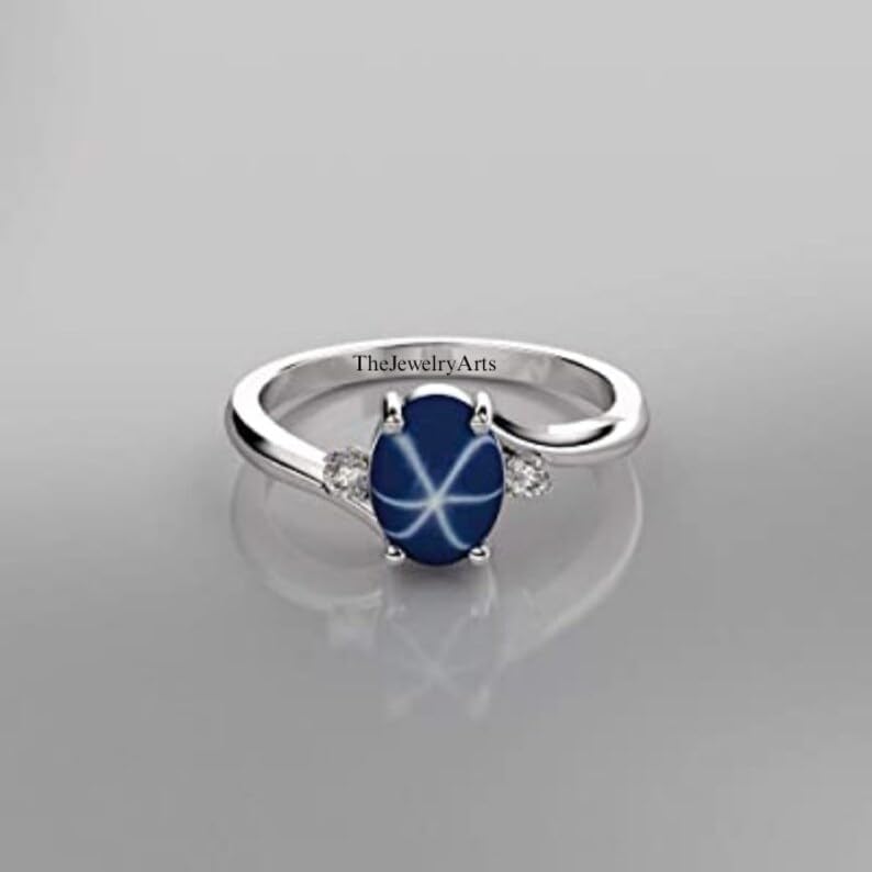 Vintage Star Sapphire Engagement Ring, Sterling Silver Jewelry For Women, Blue Gemstone Ring With Star Design For Her