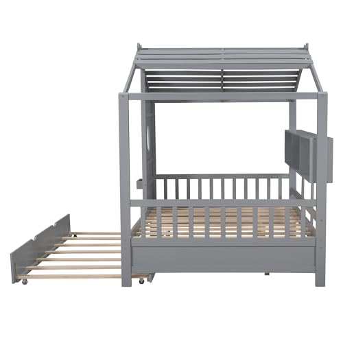 Image of Full Size House Bed with Roof and Window for Kids, Wooden Playhouse Bed with Storage Shelves and Trundle for Bedroom Furniture Girls & Boys (Grey /T2)