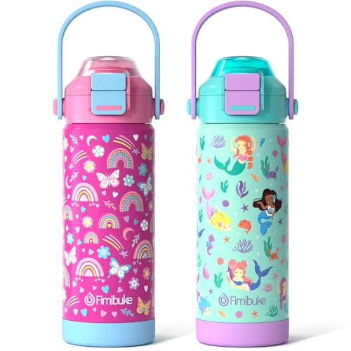 Kids Insulated Water Bottle with Pop-Open Straw & Spout 2-in-1 Lid, 18oz Leak Proof 18/8 Stainless Steel Vacuum Tumbler, BPA-Free Kids Cup For Travel School Boys Girls Toddler, Rainbow & Mermaid