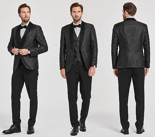 YND Men's 3 Piece Slim Fit Tuxedo Suit Set, One Button Shawl Collar Floral Business Blazer Jacket Vest Pants with Bow Tie2