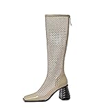 tma damen winter stiefeletten ▲ Fersenhöhe: 7,5 cm. XIANWFBJ Oberschenkelhohe Damenstiefel, Frühling/Sommer/Sexy/Mesh/Vierkant / 2,9-Zoll-Ritterstiefel, Reißverschluss Hinten (Größe 33-40),Beige,35EU