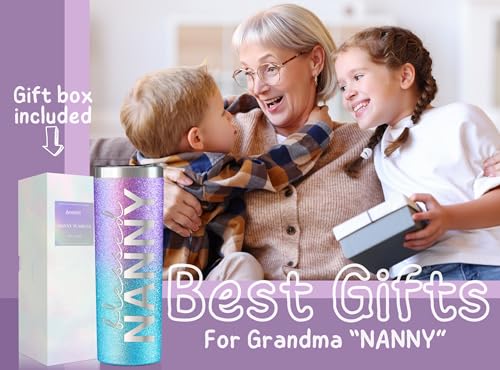 Image of Onebttl Christian Grandma Gifts for Mother's Day, 20oz Purple & Blue Glitter Skinny Tumbler, Straw & Lid Included, Nanny Gifts - Blessed Nanny