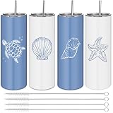 Patelai 4 Pack Ocean Beach Insulated Tumblers for Women 20oz Coastal Tumblers Starfish Seashell Stainless Steel Cups with Lids Straw Brushes Summer Gift for Bridesmaid Beach House Party Favors