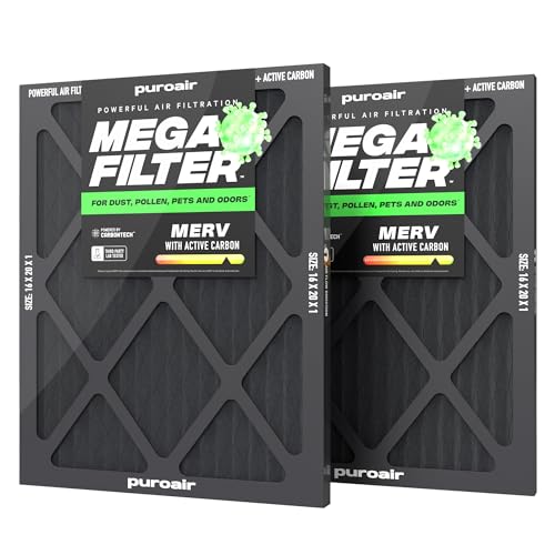 PuroAir MegaFilter - 16x20x1 Air Filter MERV 13 Activated CarbonTech Defense - Heavy Duty 3 Layer Furnace Filters Allergens, Pollen, Dust, Pet Dander, Smoke, Odors - HVAC Air Filter 16x20x1 (2-Pack)