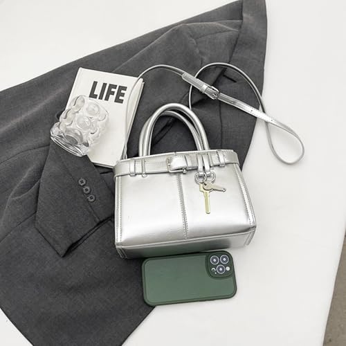 Bolso de cuero Tote para mujer con bandolera plateado miniatura 3